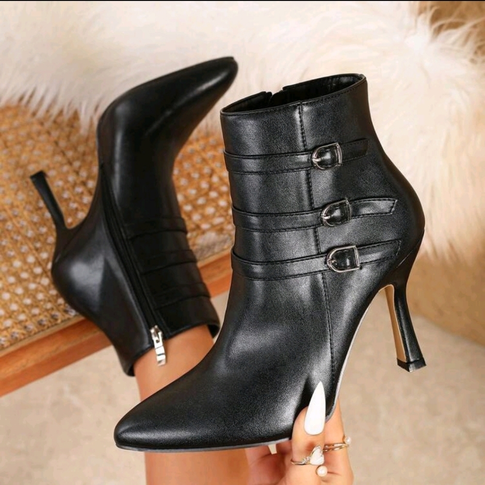 Women's Sexy Fashion Belt Buckle Pointed Toe Stiletto Heel Casual Versatile Side - Picture 3 of 5